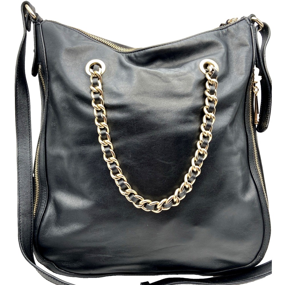 GILI Black Leather Expandable Shoulder Crossbody Bag Gold Chain Tote Satchel